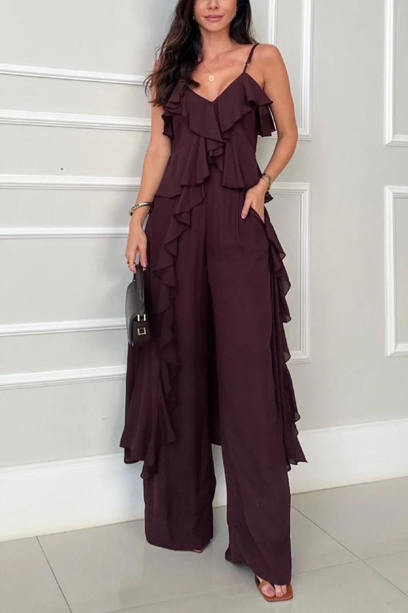 💝Perfect Gift For You✨Spaghetti Strap Ruffle Trim Dress & Pants 2-Piece Set