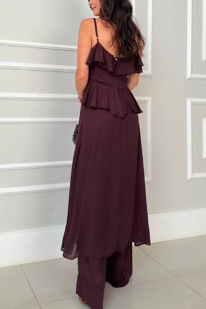 💝Perfect Gift For You✨Spaghetti Strap Ruffle Trim Dress & Pants 2-Piece Set