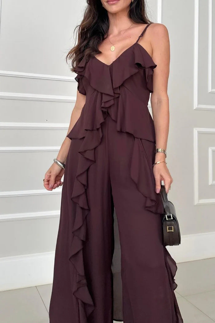 💝Perfect Gift For You✨Spaghetti Strap Ruffle Trim Dress & Pants 2-Piece Set