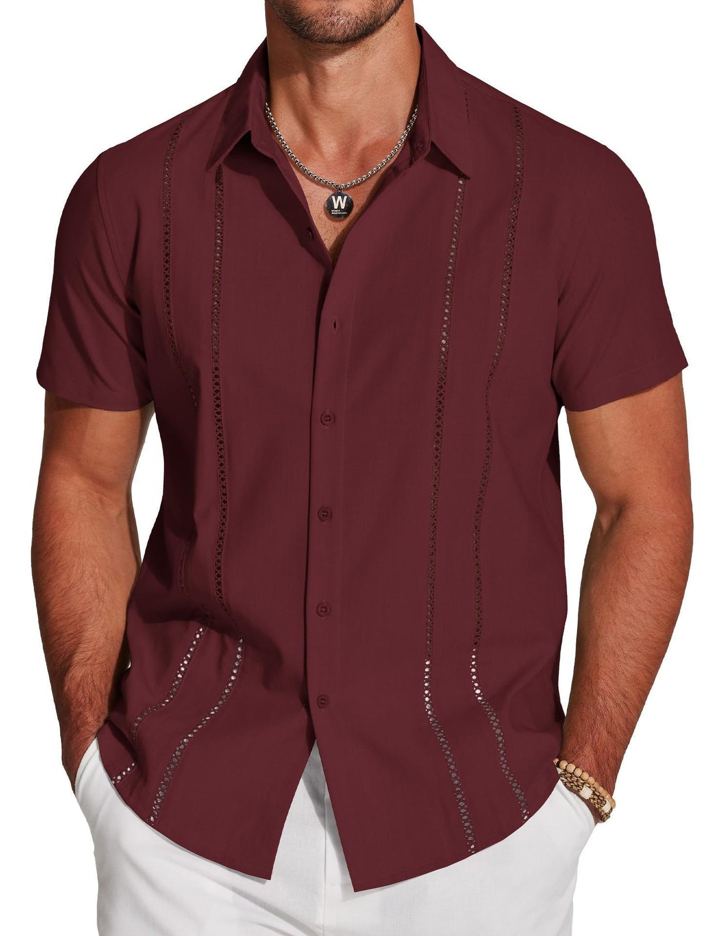 🔥Father's Day Deal -Men's Cuba Guayabera Exquisite Hollow Embroidered Button Front Shirt