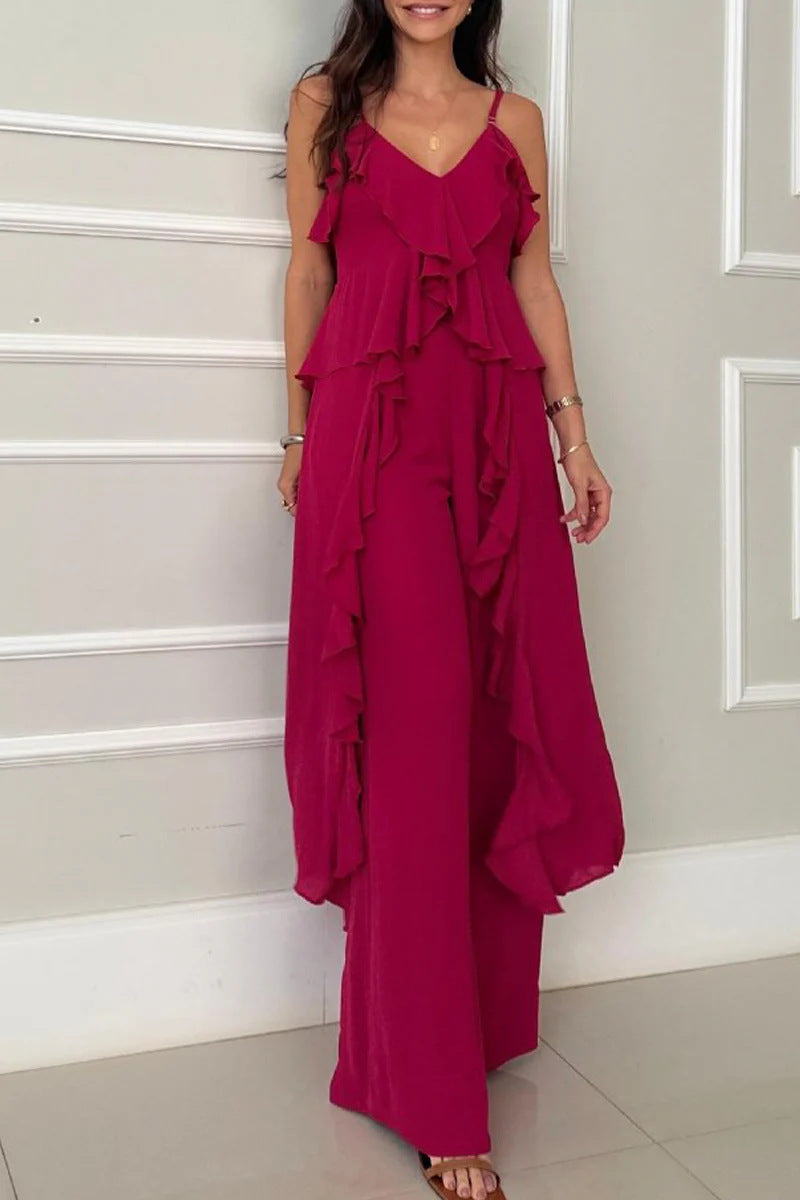 💝Perfect Gift For You✨Spaghetti Strap Ruffle Trim Dress & Pants 2-Piece Set