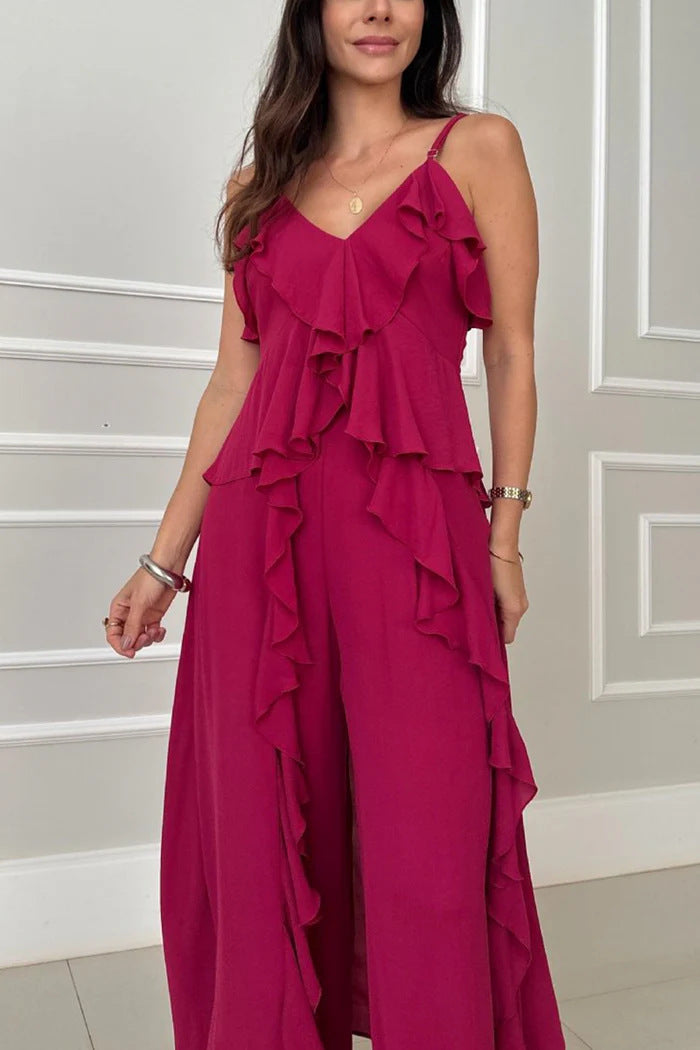 💝Perfect Gift For You✨Spaghetti Strap Ruffle Trim Dress & Pants 2-Piece Set