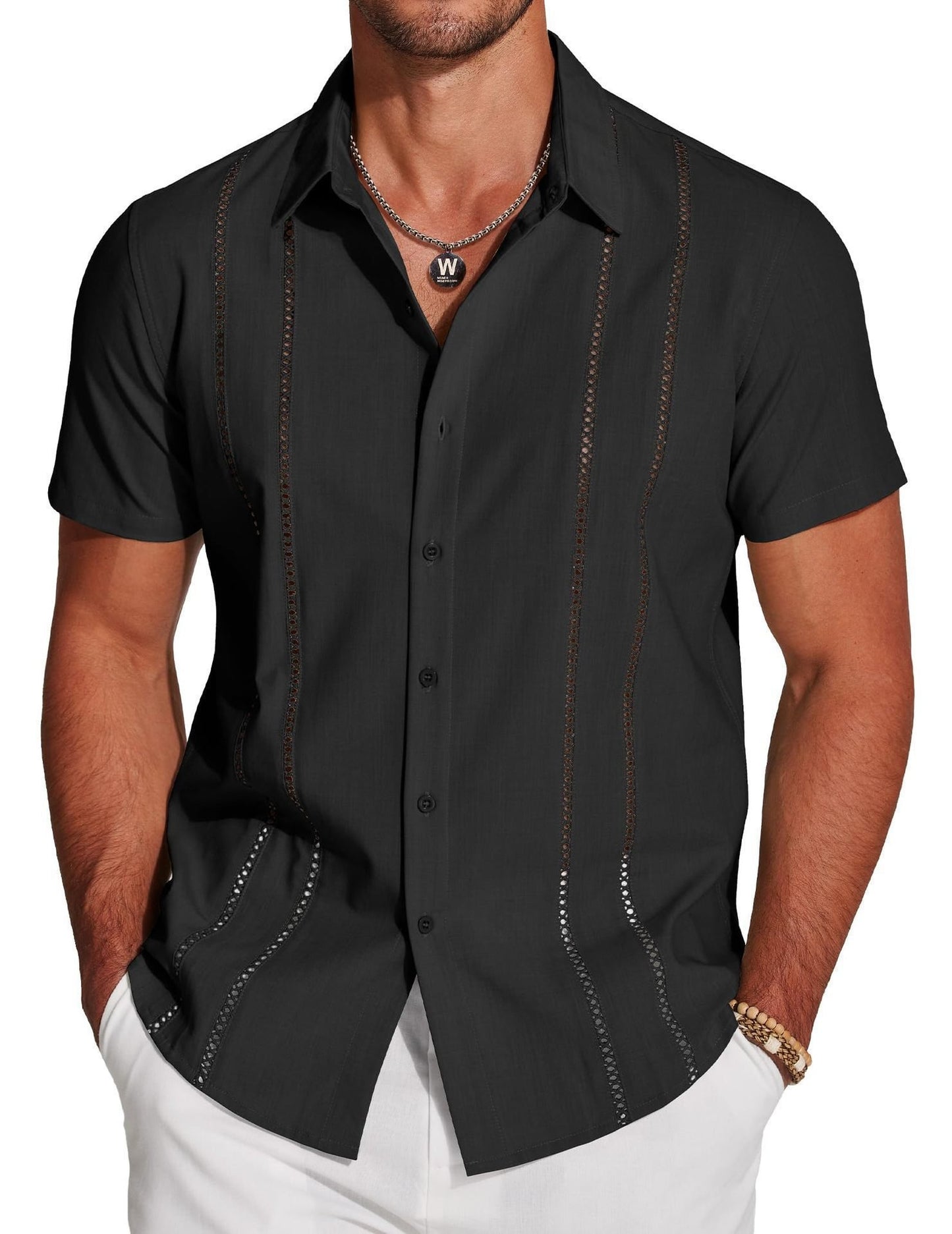 🔥Father's Day Deal -Men's Cuba Guayabera Exquisite Hollow Embroidered Button Front Shirt