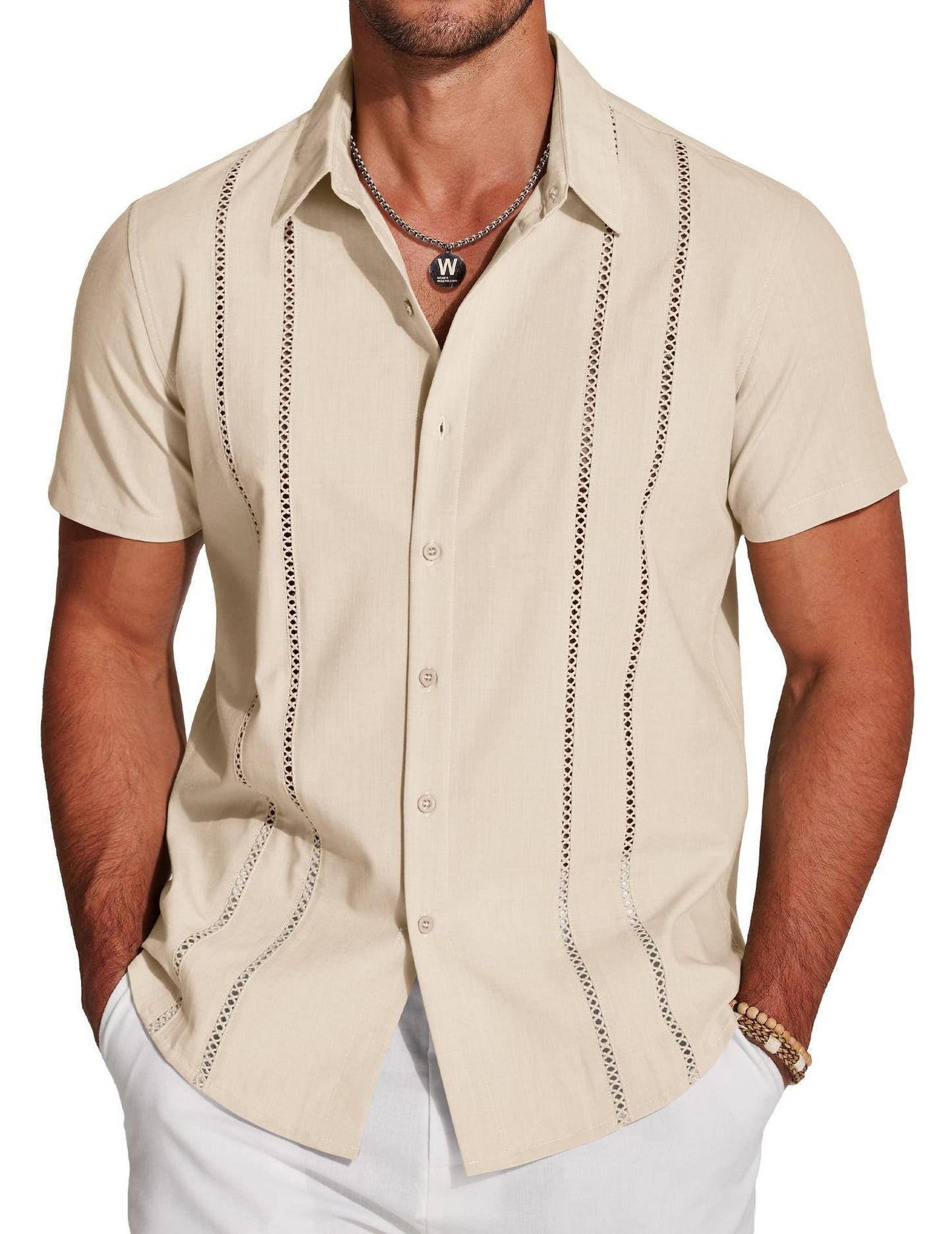 🔥Father's Day Deal -Men's Cuba Guayabera Exquisite Hollow Embroidered Button Front Shirt