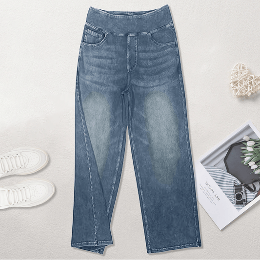 🏆Women's High-Waisted Washed Baggy Wide-Leg Stretchy Knit Jeans with Multiple Pockets – Comfortable Casual Denim