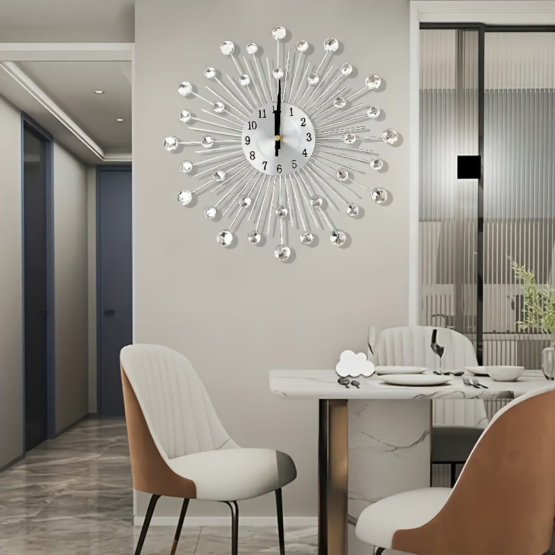 Modern 3D Crystal Wall Clock - 12.4 Inch Silver Mirror with Diamond Decoration