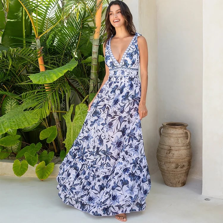 😍V Neck Ruffle Lace Up Printed One Piece Swimsuit and Skirt👗