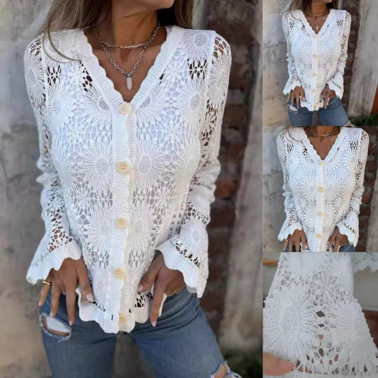 🌸Summer hot sale🌸Women lace V-neck long sleeve top