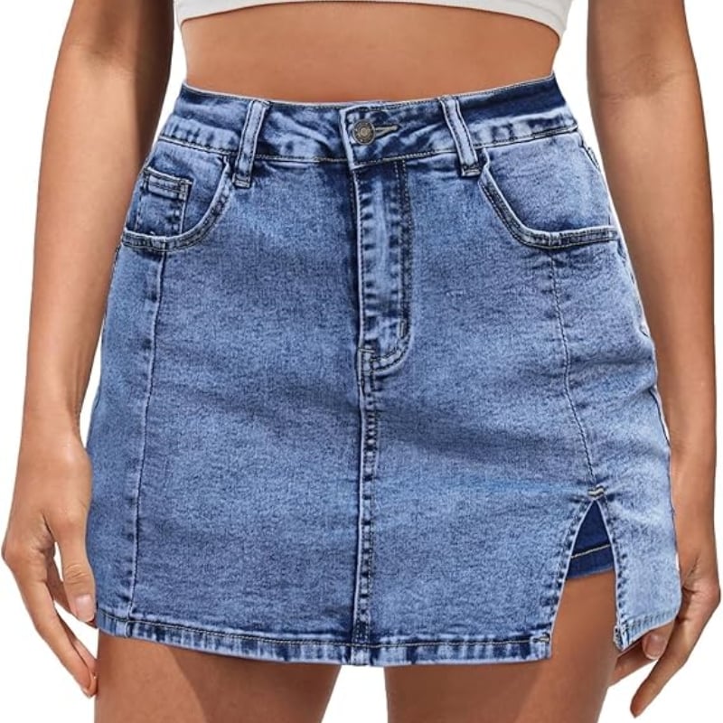 🔥Skorts Skirts for Women Denim Mini Skirt Side Slit with High Waisted Jean Shorts Stretchy - Buy 2 and get free shipping!