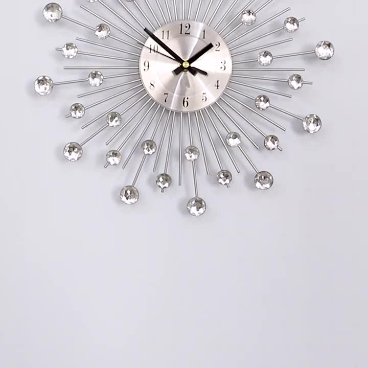 Modern 3D Crystal Wall Clock - 12.4 Inch Silver Mirror with Diamond Decoration