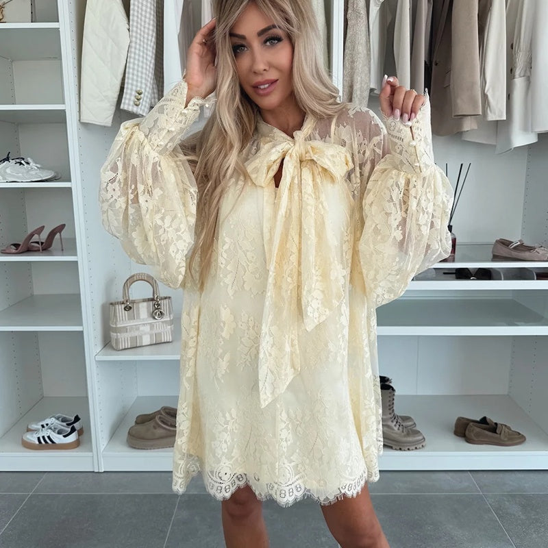 💖Lace Mini Dress with Bow Tie Neck👗