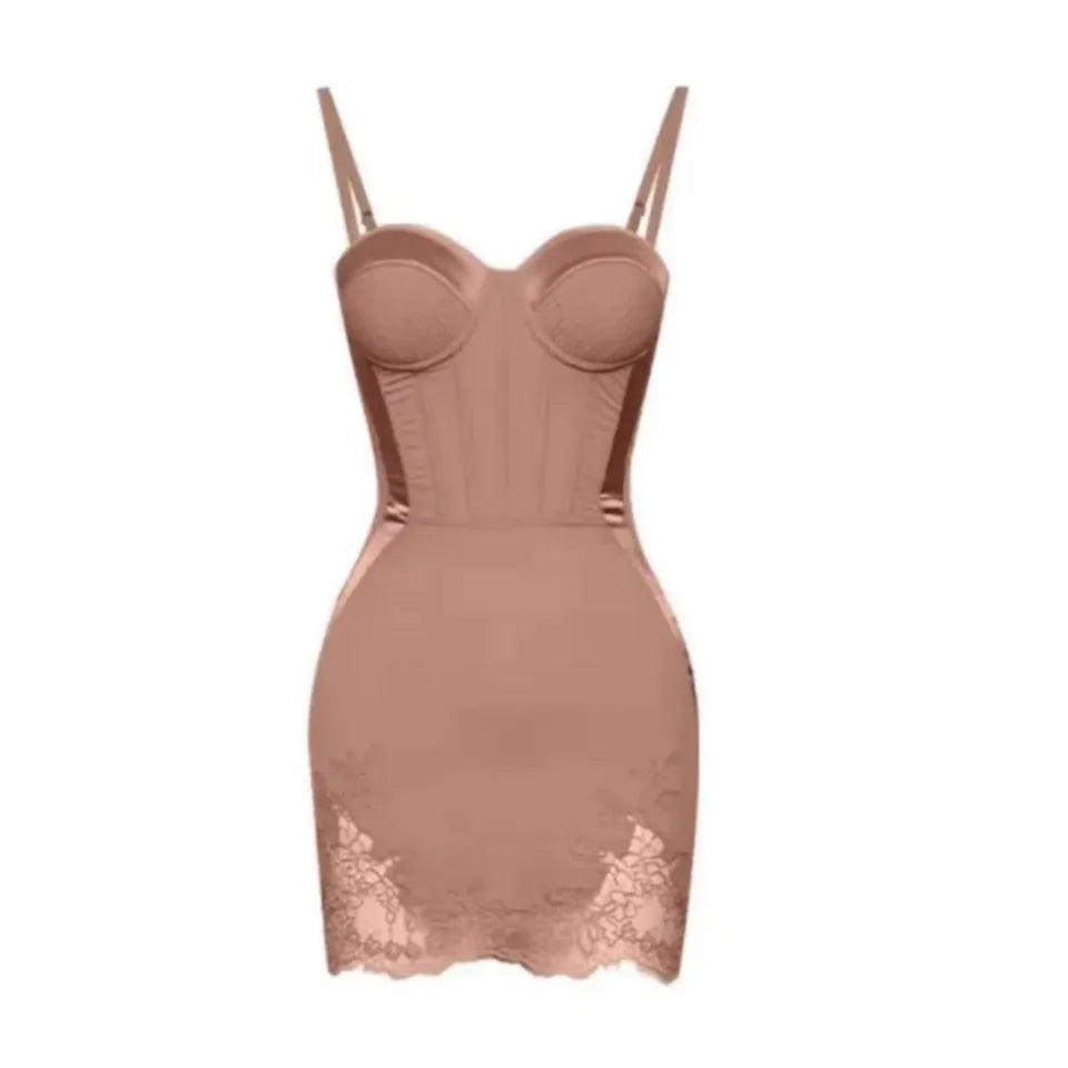 French-style sexy boned corset top paired with a lace hip-hugging skirt.