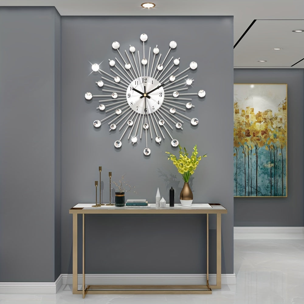 Modern 3D Crystal Wall Clock - 12.4 Inch Silver Mirror with Diamond Decoration