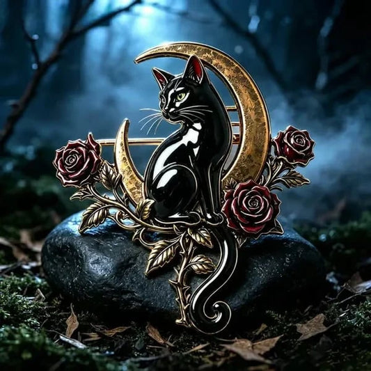 🐈⬛🌙 Black Cat Crescent Moon Brooch – Gothic Rose Statement Pin