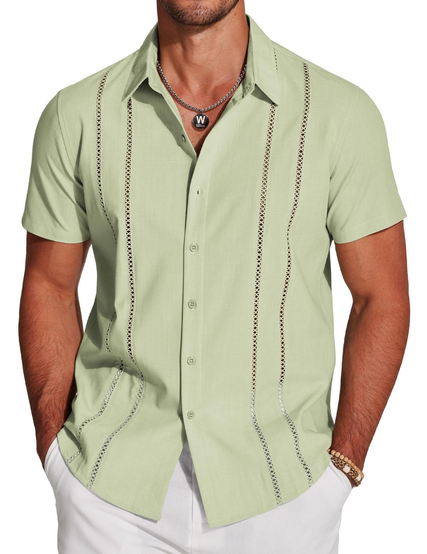 🔥Father's Day Deal -Men's Cuba Guayabera Exquisite Hollow Embroidered Button Front Shirt