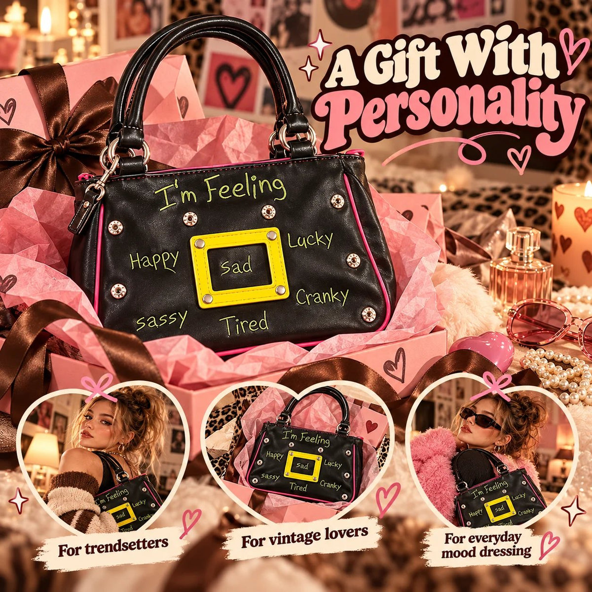 π₯ Y2K Mood Shoulder Bag β Change Your Mood, Change Your Style! Trendy Purse with Interchangeable Embroidered Patches & Buckle Display Window