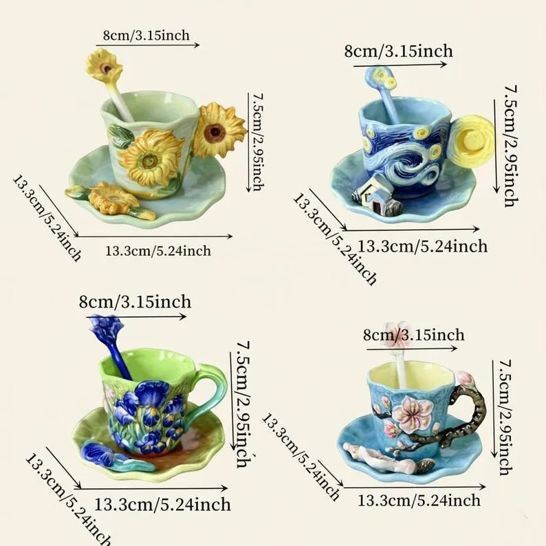1 Set of Hand Painted Ceramic Cups & Saucers | 3D Starry Sky, Apricot Flower, Sunflower, Iris Tea | Coffee Mug | Round Plate and Spoon