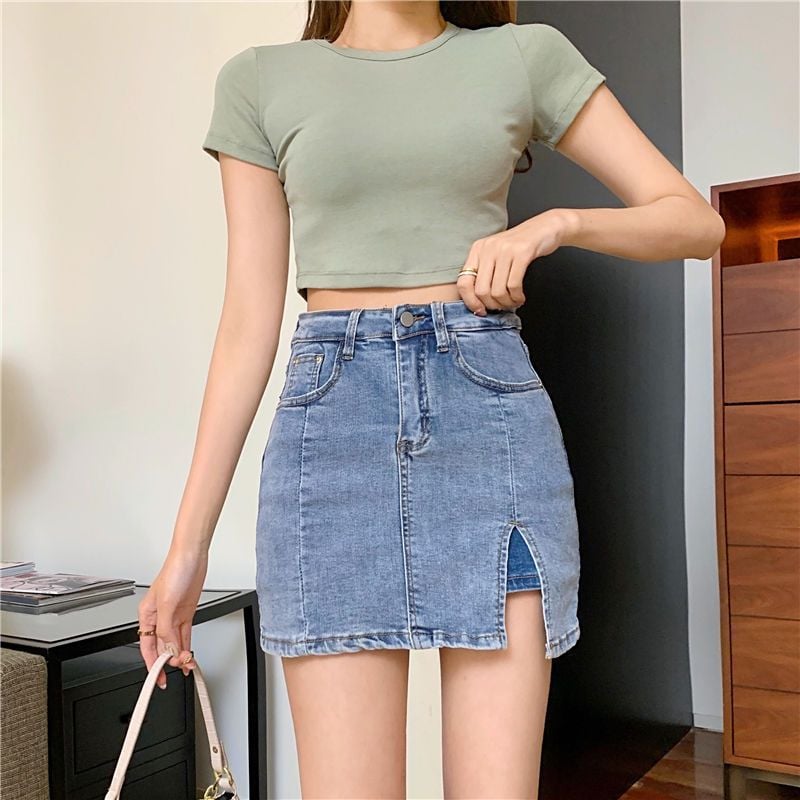 🔥Skorts Skirts for Women Denim Mini Skirt Side Slit with High Waisted Jean Shorts Stretchy - Buy 2 and get free shipping!