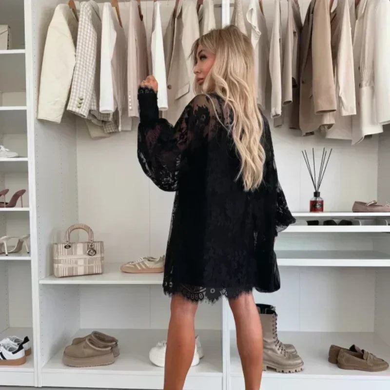 💖Lace Mini Dress with Bow Tie Neck👗