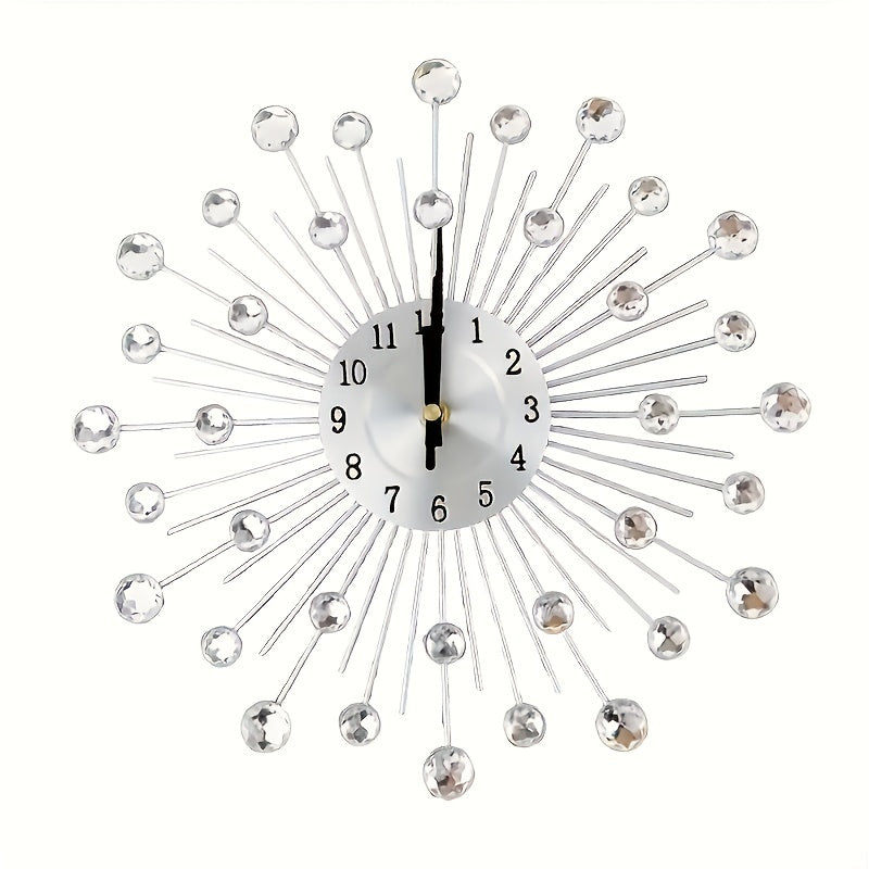 Modern 3D Crystal Wall Clock - 12.4 Inch Silver Mirror with Diamond Decoration