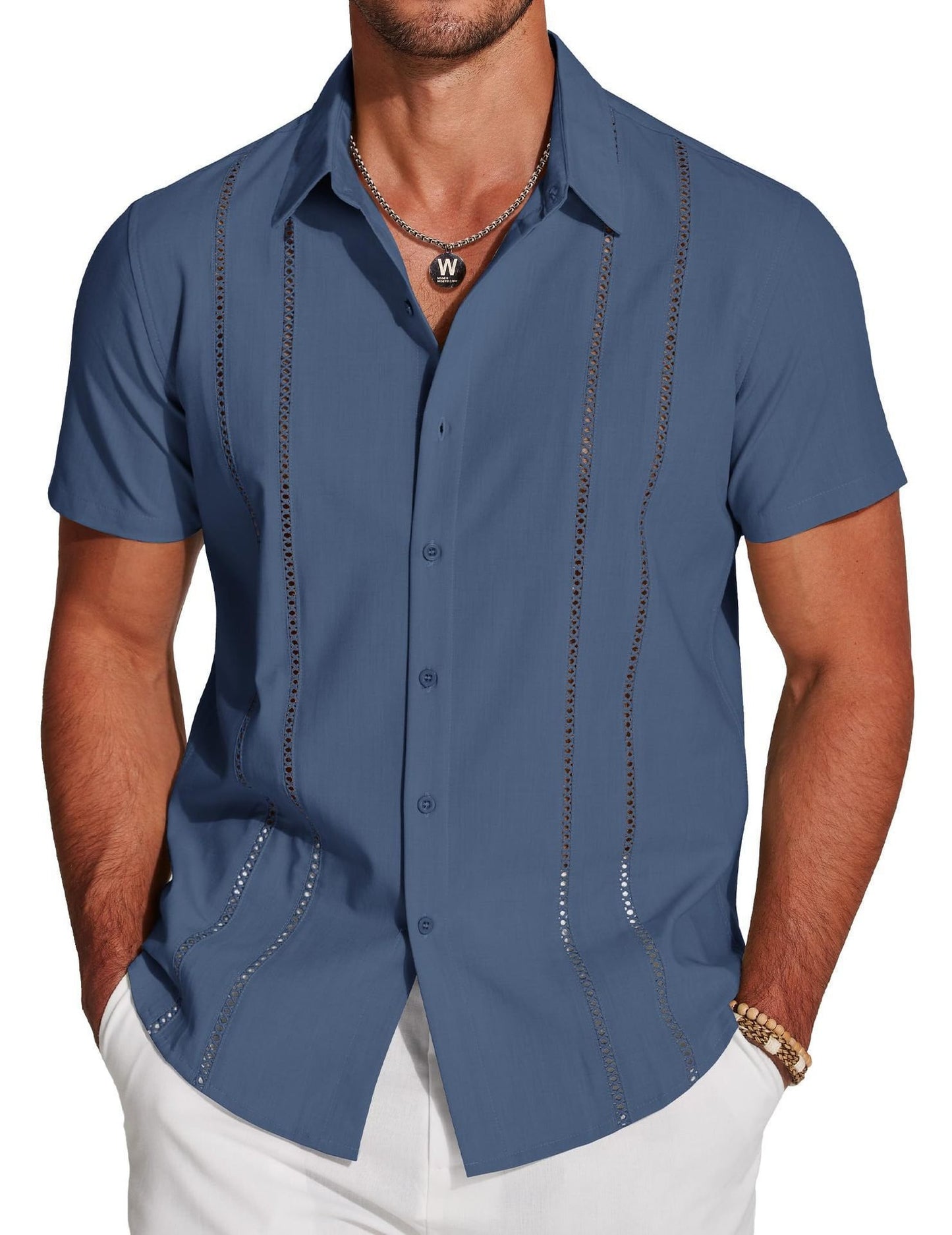 🔥Father's Day Deal -Men's Cuba Guayabera Exquisite Hollow Embroidered Button Front Shirt