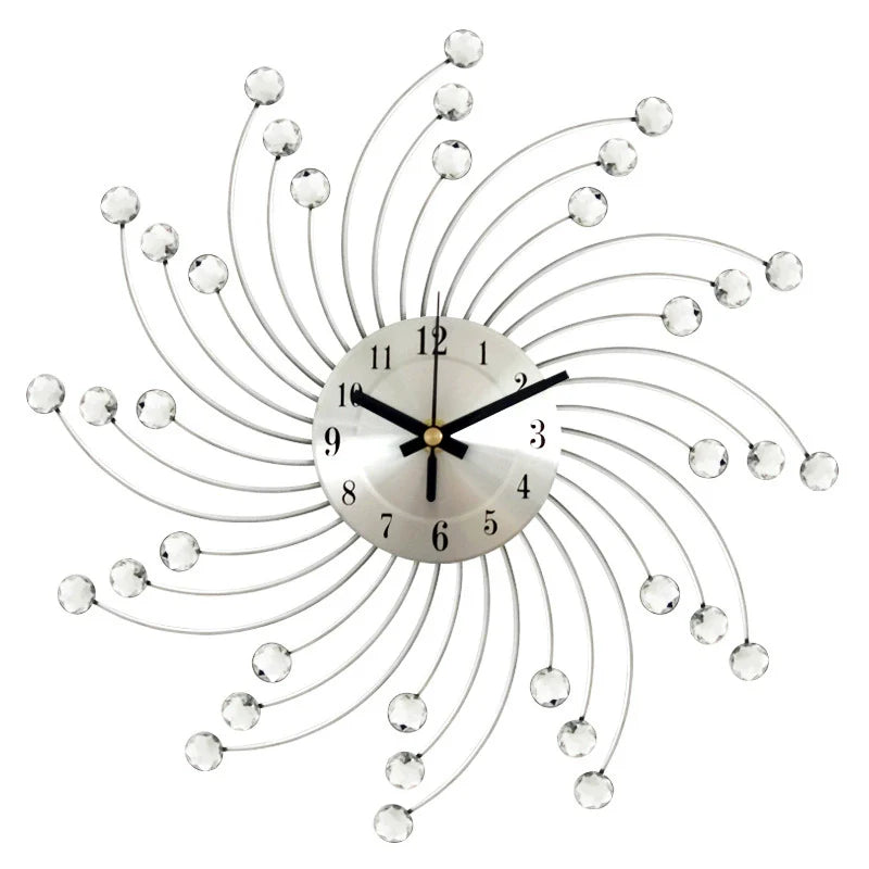 Modern 3D Crystal Wall Clock - 12.4 Inch Silver Mirror with Diamond Decoration