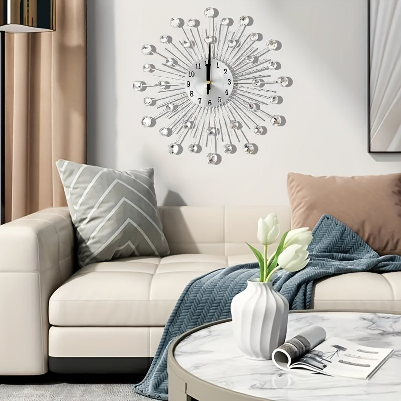 Modern 3D Crystal Wall Clock - 12.4 Inch Silver Mirror with Diamond Decoration