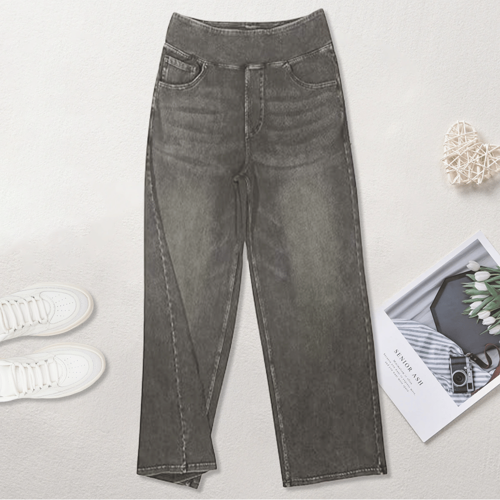 🏆Women's High-Waisted Washed Baggy Wide-Leg Stretchy Knit Jeans with Multiple Pockets – Comfortable Casual Denim