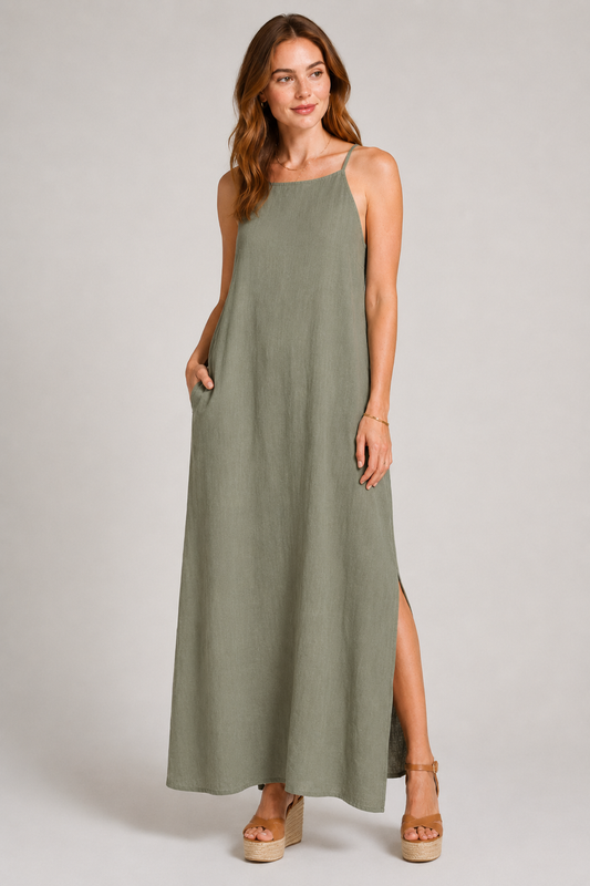 Elegant Solid Color Cotton Linen Sleeveless Long Dress product image 2