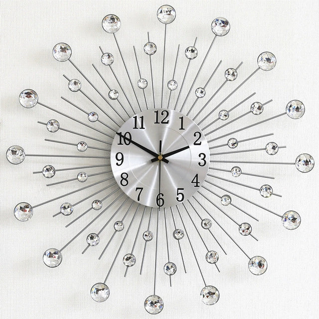 Modern 3D Crystal Wall Clock - 12.4 Inch Silver Mirror with Diamond Decoration