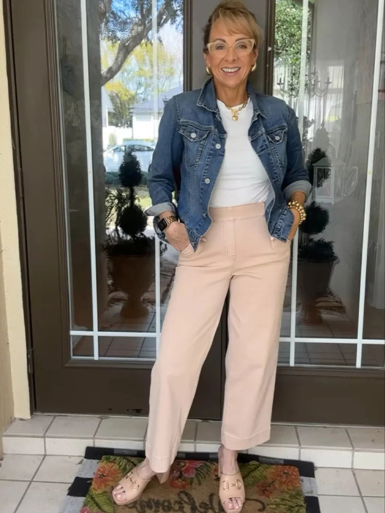 Women Stretch Tummy Control Twill Cropped Wide Leg Pant (BUY 2 FREE SHIPPING)