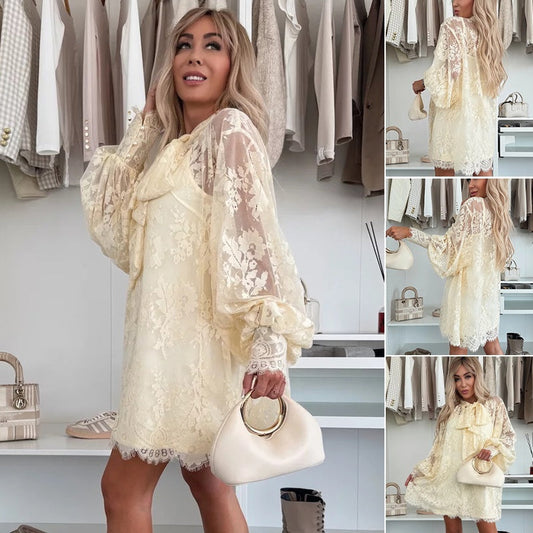 💖Lace Mini Dress with Bow Tie Neck👗