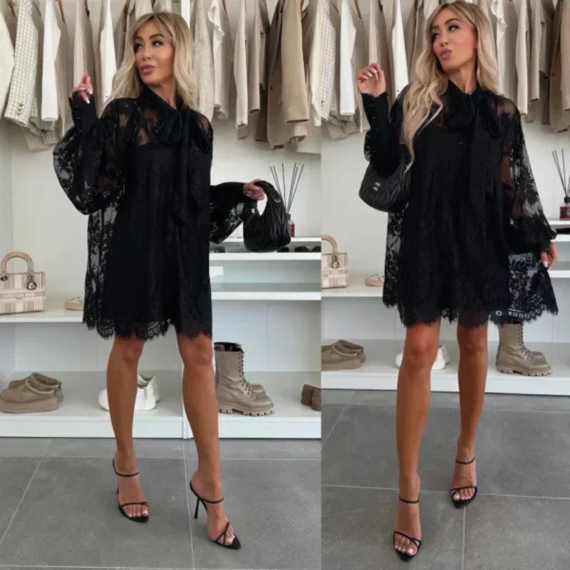 💖Lace Mini Dress with Bow Tie Neck👗