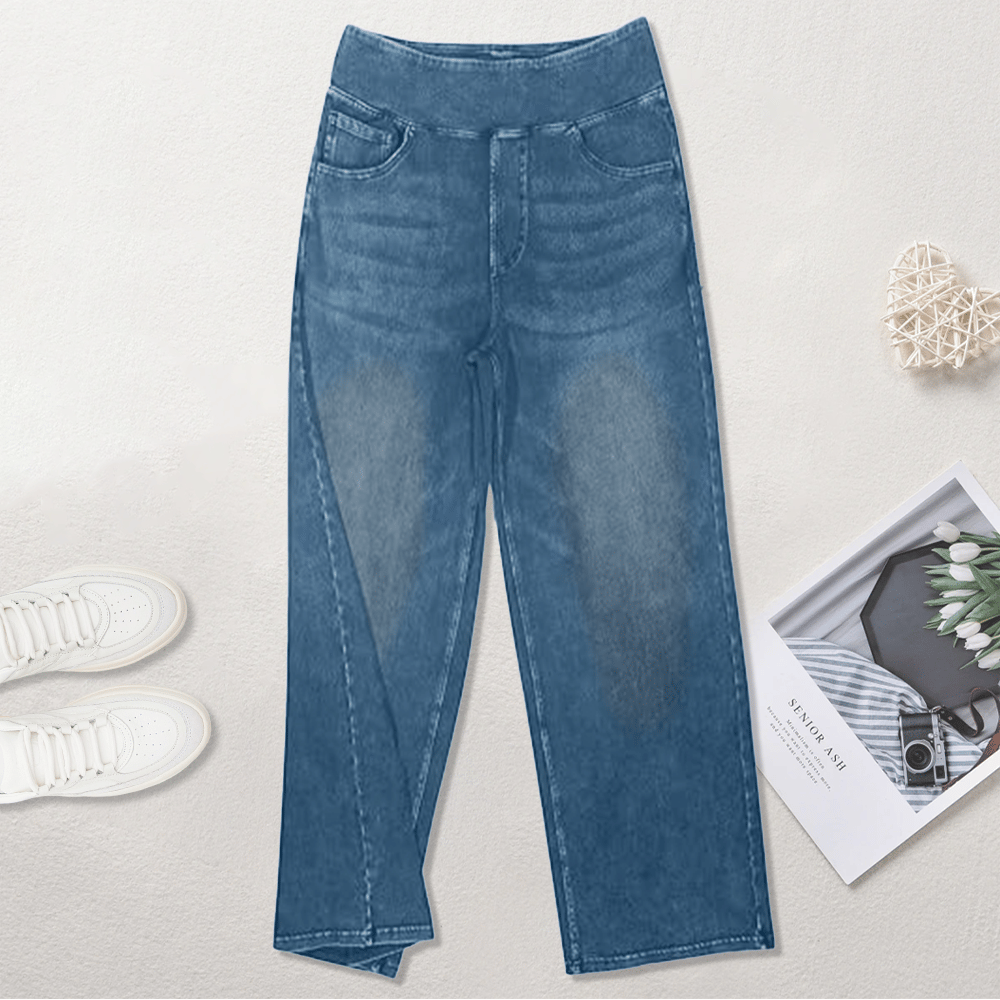 🏆Women's High-Waisted Washed Baggy Wide-Leg Stretchy Knit Jeans with Multiple Pockets – Comfortable Casual Denim