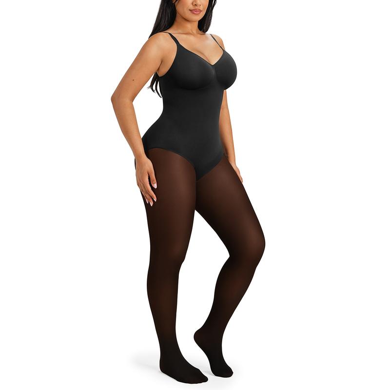 Women's Sheer-Panel Fleece-Lined Tights Bodysuit π€