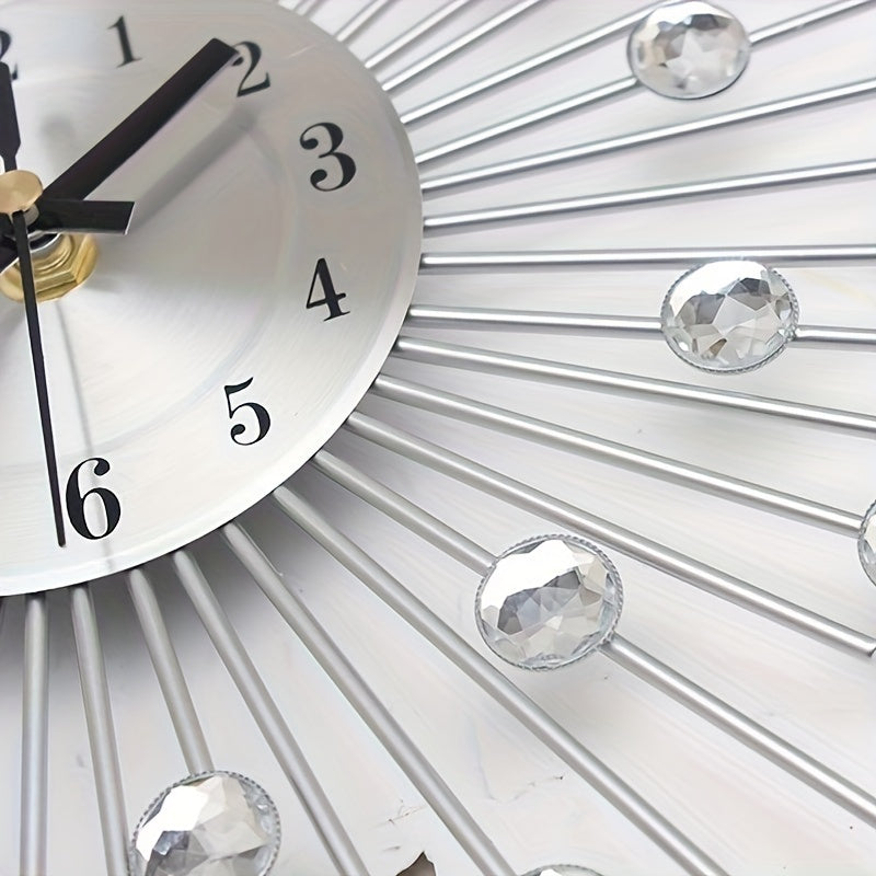 Modern 3D Crystal Wall Clock - 12.4 Inch Silver Mirror with Diamond Decoration