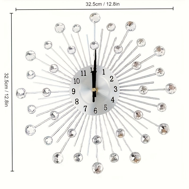 Modern 3D Crystal Wall Clock - 12.4 Inch Silver Mirror with Diamond Decoration