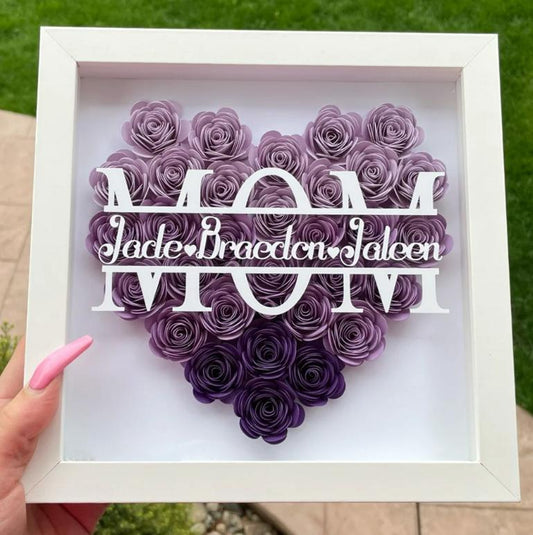 "Matriarchal Love: Heart-shaped Monogram Flower Shadow Box - Perfect Mother's Day Gift with Floral Monogram Design"