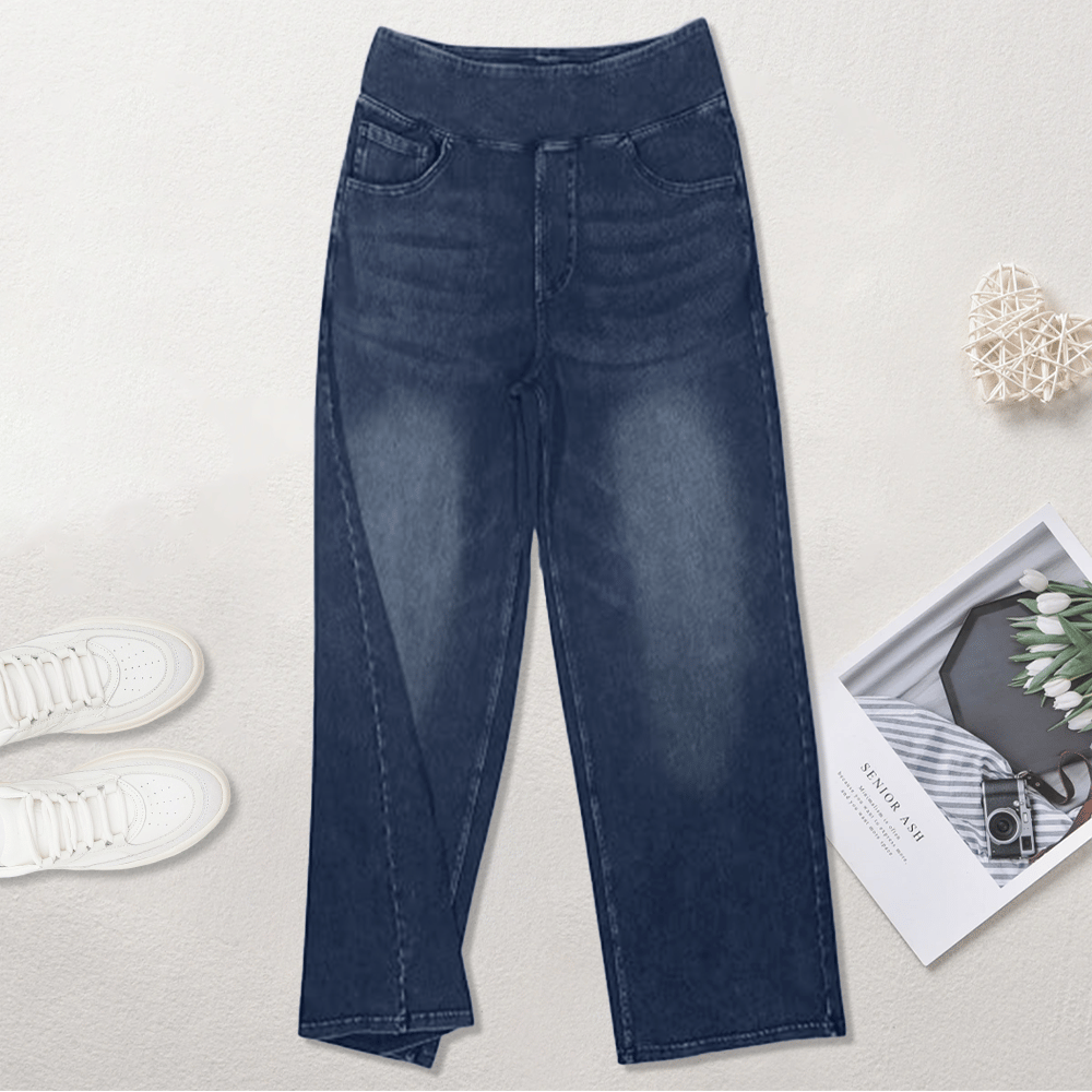 🏆Women's High-Waisted Washed Baggy Wide-Leg Stretchy Knit Jeans with Multiple Pockets – Comfortable Casual Denim