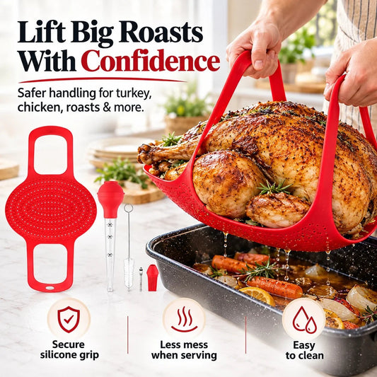 🔥🦃 BBQ & Thanksgiving Essential! 🍗 Heat-Resistant Silicone Turkey Roasting Sling 🍖✨ Easy-Lift Meat Lifter with Basting Tools 🧑🍳🍽️ Perfect for Turkey, Chicken & Holiday Roasts 🎄🎁