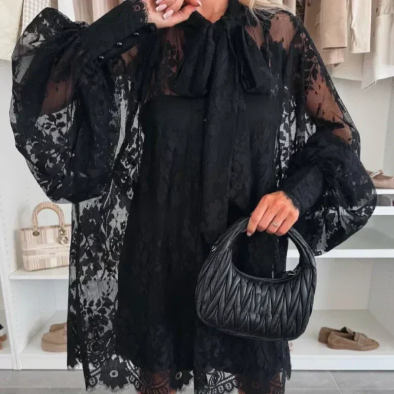 💖Lace Mini Dress with Bow Tie Neck👗