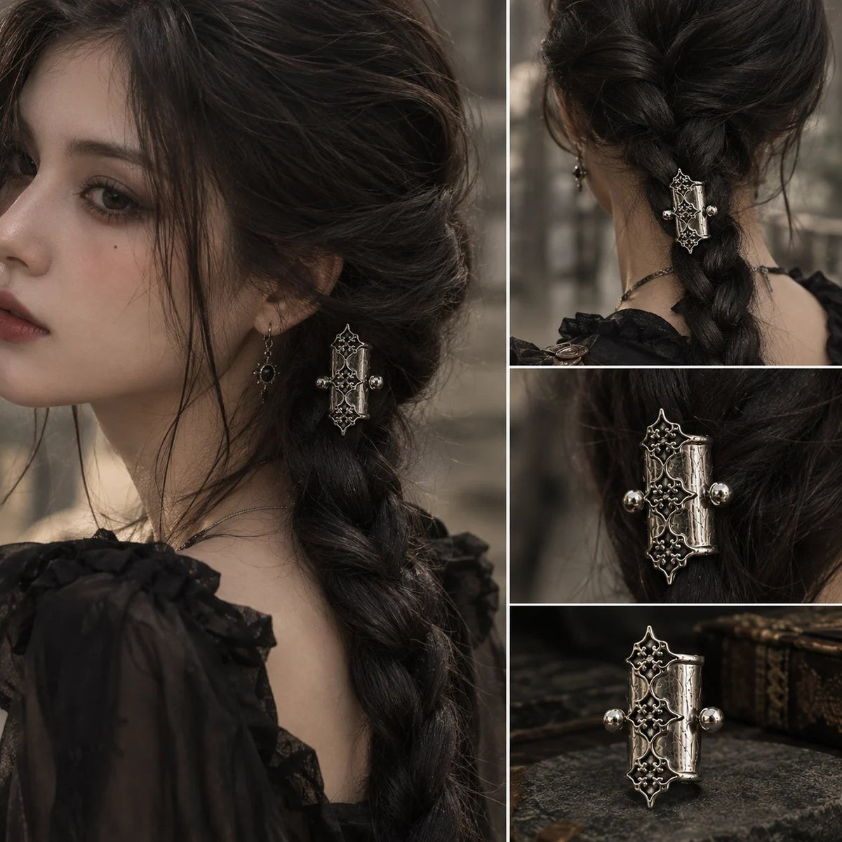 π€ Gothic Filigree Hair Cuffs | 2-Piece Antique Silver Braid Set