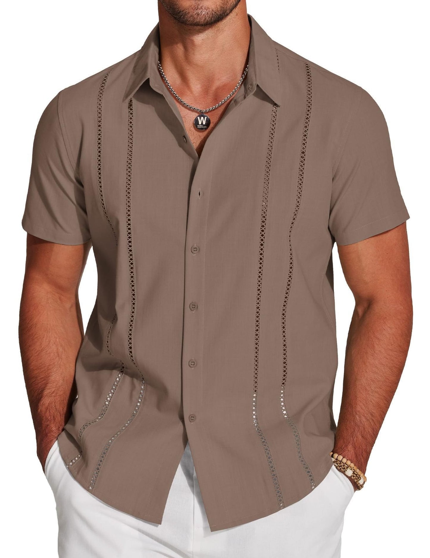🔥Father's Day Deal -Men's Cuba Guayabera Exquisite Hollow Embroidered Button Front Shirt