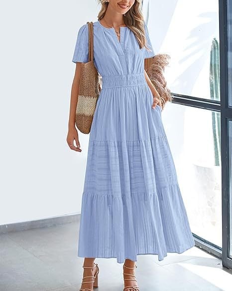 đź‘—Women's Casual Spring Short Sleeve V Neck Maxi Dress