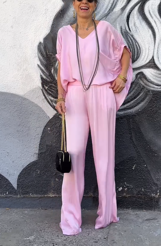 Oversized Satin V-Neck Top & Wide-Leg Pants Two-Piece Set product image 2