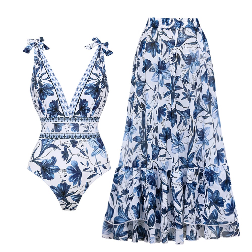 😍V Neck Ruffle Lace Up Printed One Piece Swimsuit and Skirt👗