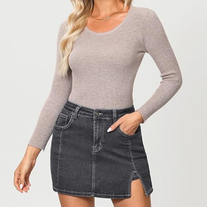 🔥Skorts Skirts for Women Denim Mini Skirt Side Slit with High Waisted Jean Shorts Stretchy - Buy 2 and get free shipping!