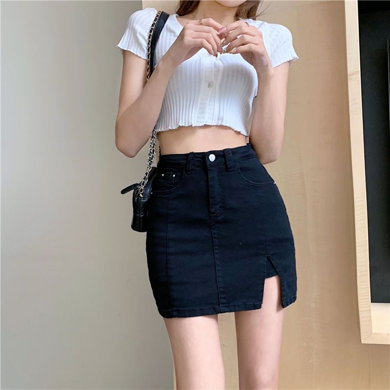 🔥Skorts Skirts for Women Denim Mini Skirt Side Slit with High Waisted Jean Shorts Stretchy - Buy 2 and get free shipping!