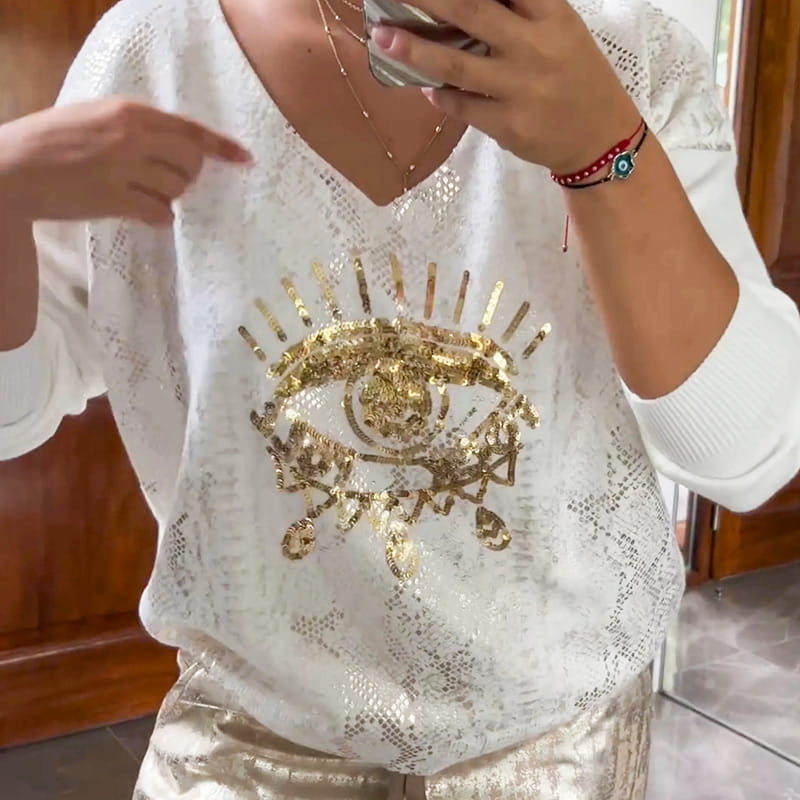 🌷2-teiliges Damen-Set: Devil's Eye Goldfolien-Oberteil und Pailletten-Hosen-Set