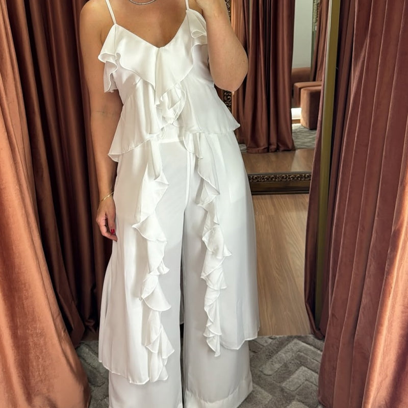 💝Perfect Gift For You✨Spaghetti Strap Ruffle Trim Dress & Pants 2-Piece Set